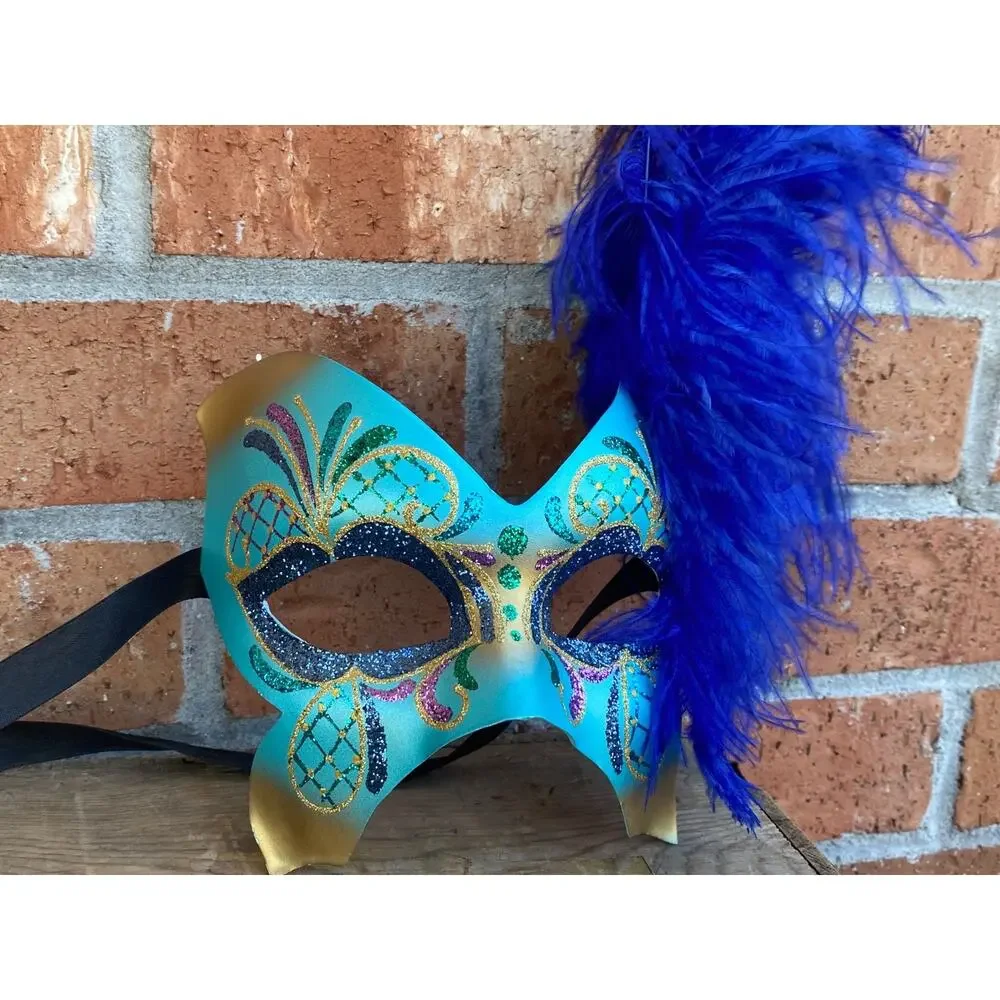Pier 1 Mask Maschera Del Galeone Italy Hand-Painted Masquerade Blue Feathers